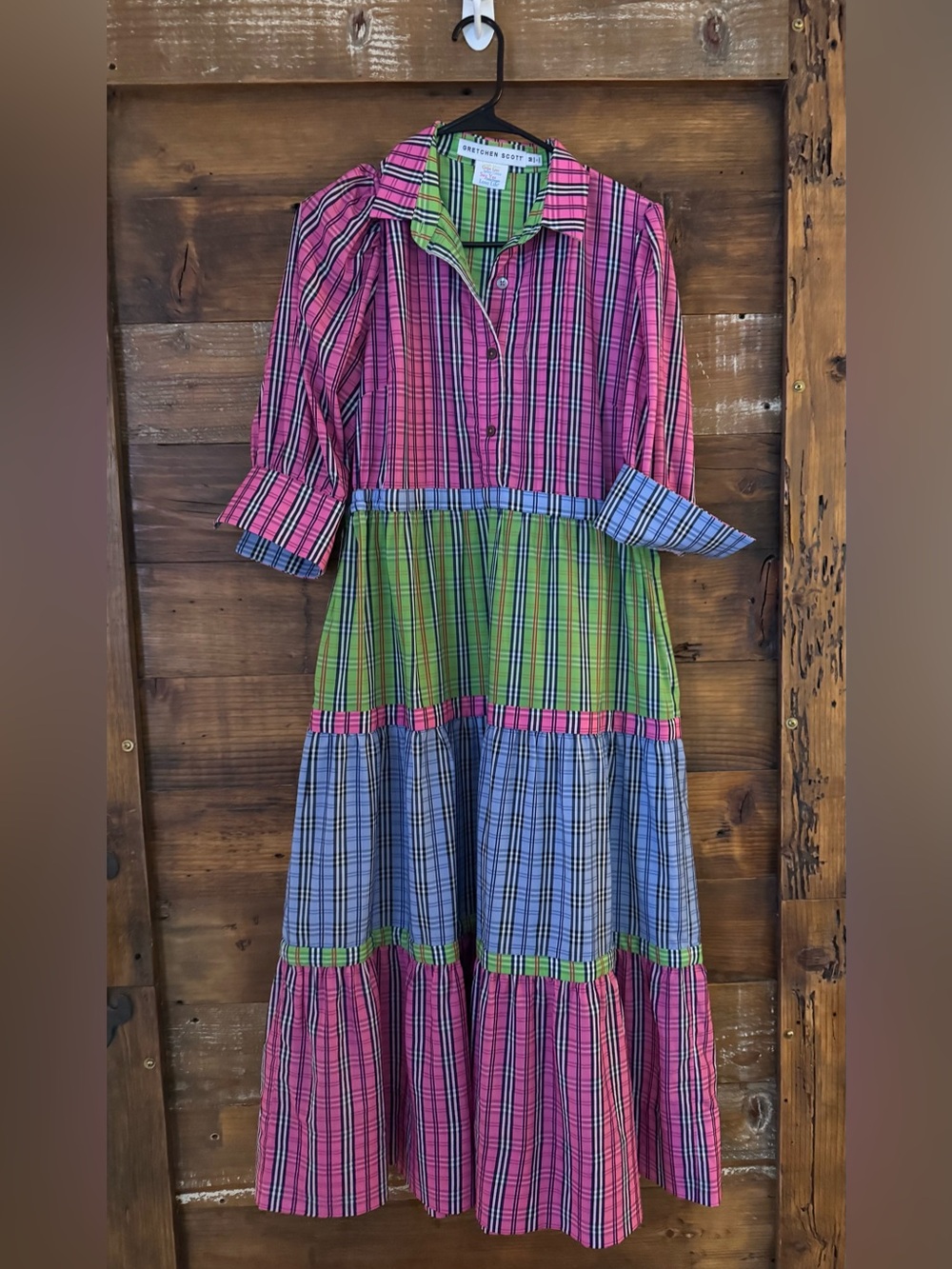 Gretchen Scott Plaid Tiered Shirt Dress Pink Green Blue Size M